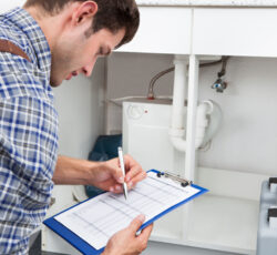 Handsome,young,plumber,writing,on,clipboard,with,pen,in,kitchen